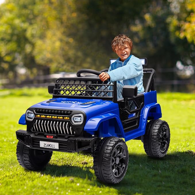 GarveeLife 12V Kids Ride On Truck Electric Vehicle Battery Powered Car Toddles Ride On Toy for Boys Girls with Remote Control, 4-Wheel Suspension, Battery Display, Led Lights, Music, Navy Blue