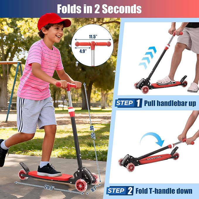 3 Wheel Scooter for Kids Ages 3-12, LED Light-Up Kids Kick Scooter–Portable Foldable, Adjustable Height, Durable Metal Construction, 6" Extra Wide Deck for Outdoor Activities,Child Safety Certified