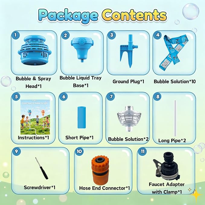 2 in 1 Water Sprinkler & Bubble Machine for Kids, Automatic Outdoor Toy with Lights & Sounds, 2 Bottles & 10 Refill Packs Bubble Solution, Summer Backyard Yard Play Toy, Blue, Battery Not Included
