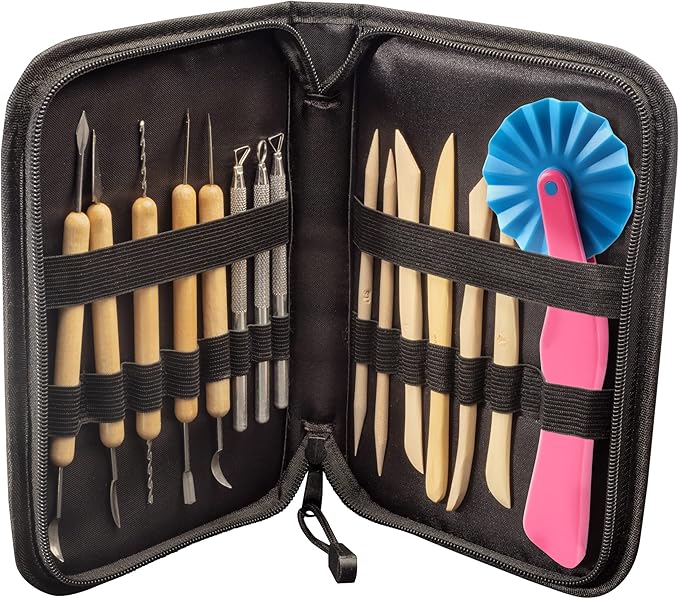 Pottery Tool Starter Kit- 15-Piece 26-Tool Beginner's Clay Ceramics Modeling Carving Sculpting Set- Arts & Crafts School Project, w Carrying Case, Birthday Gift for Kids, Gift Set for Artists