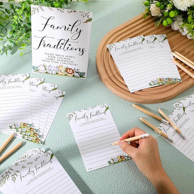 Fumete 61 Pieces Family Tradition Baby Shower Games Include 1 Family Traditions Standing Sign and 50 Activities Cards with 10 Pencils for Gender Reveal Bridal Shower Wedding(Green,Forest Animals)