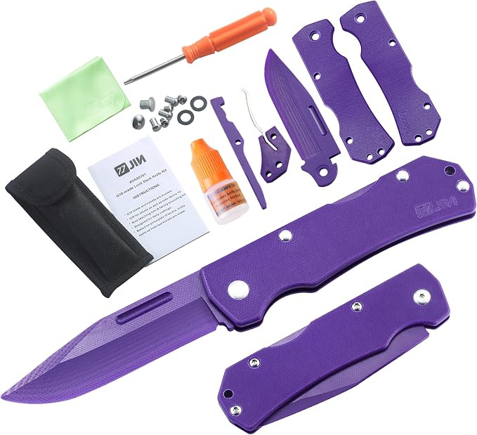 JIN Alpha Safe Pocket Knife, DIY Making Kit, Fake Knives for Starters, Dull G10 Blade, Folding EDC, Purple G10 Handle, Camping Tool