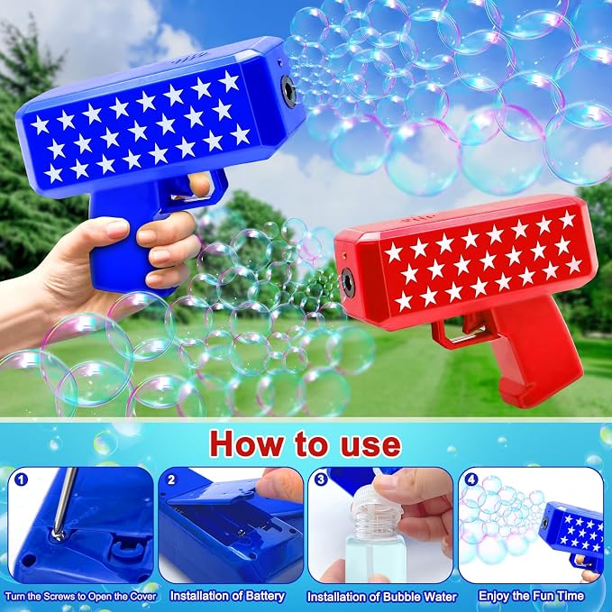 iGeekid 2 Pack Bubbles Guns Toys 4th of July Party Favors, 4th of July Accessories Patriotic Bubbles Makers with 4 Bubble Solutions & Star for Kids Independence Day 250th Anniversary Party Decorations