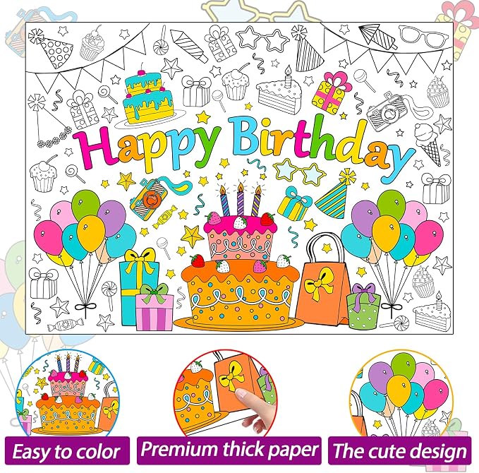 ZOIIWA Happy Birthday Coloring Poster for Kids Giant Coloring Sheet Classroom Large Big Birthday Tablecloth for Wall Jumbo Page Books Party Game Crafts Activity Supplies Decoration Favor