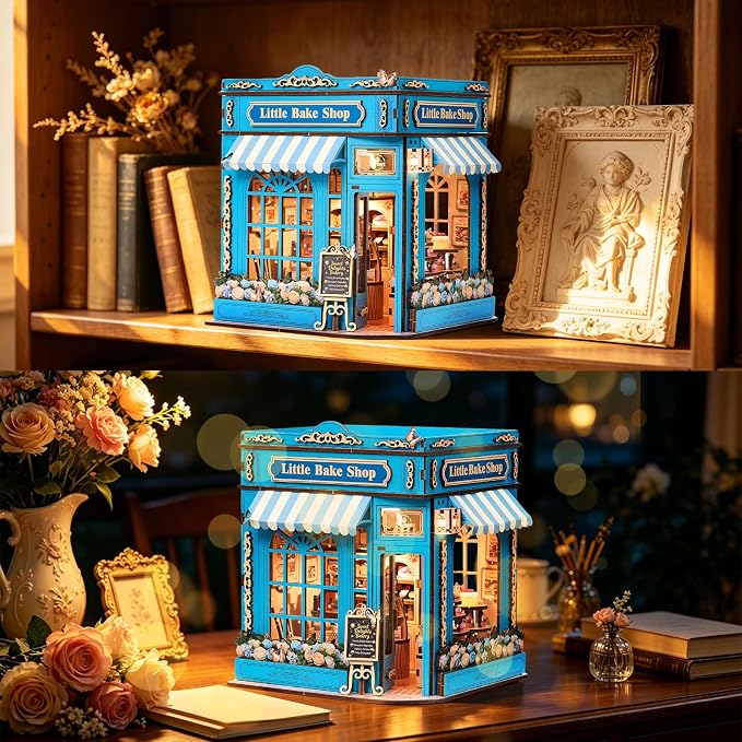 DIY Miniature Dollhouse Kit - 3D Wooden Puzzle for Adults, Illuminated Bakery Model Craft Kit with LED Light, Creative Diorama Room Decor & Hobby Gift,Little Bake Shop