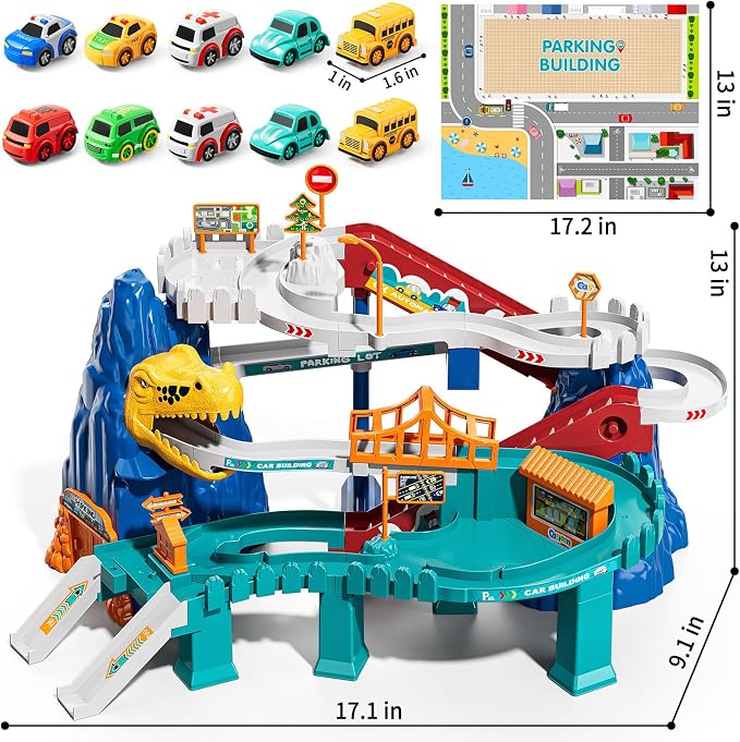 NIPLOOOW Dinosaur Race Track Playset for Boys Kids 3-5, Dinosaur Climbing Hills Car Track Play Set with 10 Mini Racer Cars, Kids Car Ramp Track Toys for 3 4 5 6 7 8 Year Old Boys Girls