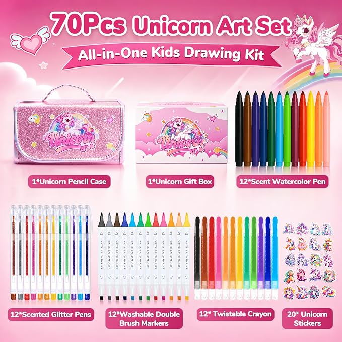 70 PCS Unicorn Arts and Crafts for Girls Ages 4-6-8, Art Supplies Set with 3D Rainbow Glitter Pencil Case, Washable Dual Markers, Scented Gel Pens, Twist-up Crayons & Unicorn Stickers, Birthday Gift