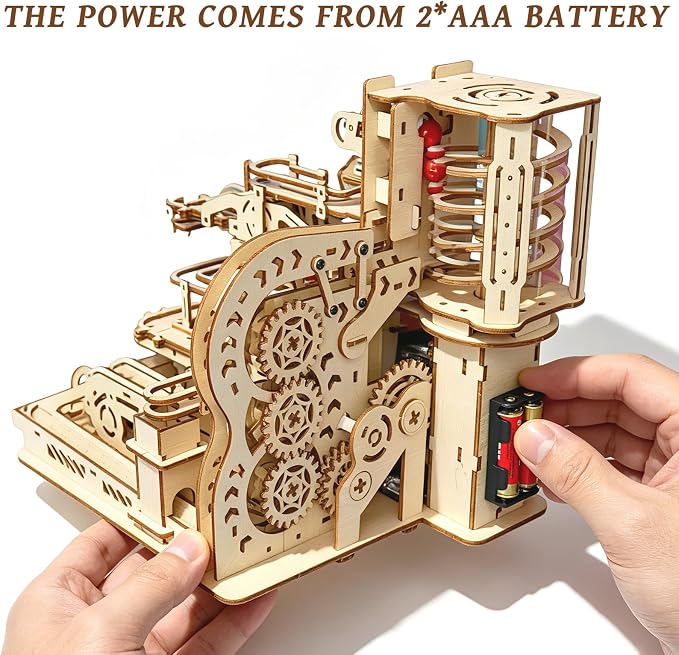 3D Wooden Puzzles Marble Run Model Building Kit, 372PCS DIY City Mechanical Track, Creative Wood Craft Puzzle with Red Marbles, Educational Hobby Gift for Adults & Teens