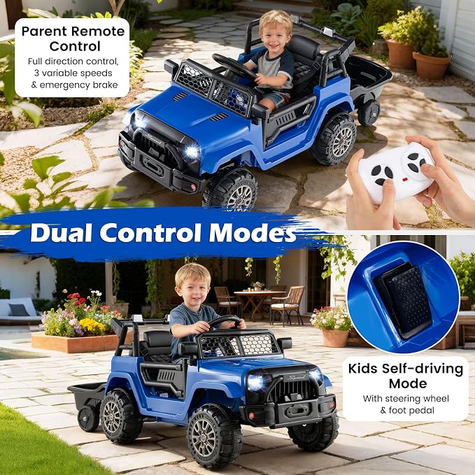 Costzon Ride on Car with Detachable Trailer, 12V Battery Powered Ride on Truck with Parent Remote Control, Light & Music, Electric Vehicle Kids Car Toy for Boys & Girls (Blue)