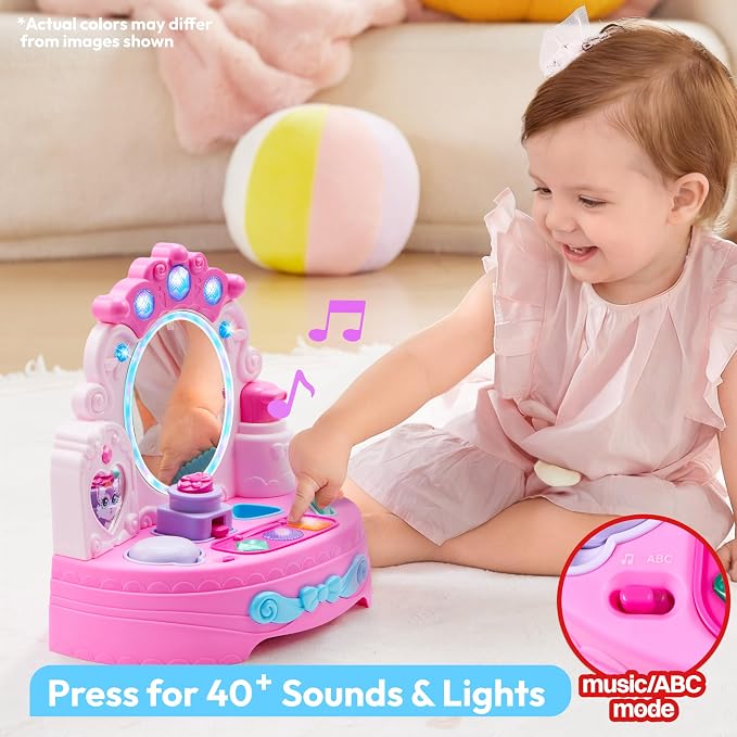 lalalark Toddler Vanity & Baby Vanity Mirror Toy, Interactive Pretend Vanity Set with 40+ Sounds and Music, Learn Musical Mirror Toy, Birthday Gift for 6 Months+ 1 2 3 Year Old Kids Girls