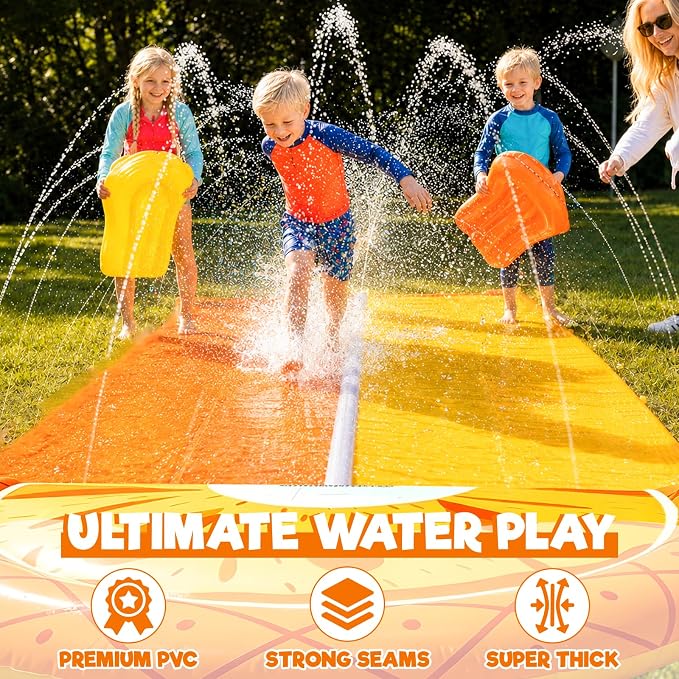 iGeeKid Pineapple 20FT Double Lawn Water Slides, Heavy Duty Water Toys Sprinkler 2 Race Lane with 2 Bodyboards for Kids Adults Backyard Outdoor Summer Beach Swimming Pool Water Game Party