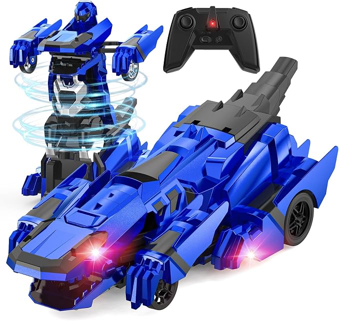 Kroyedfuw Dinosaur Transform Rc Cars, 2.4Ghz Remote Control Car Transforming Robot with Flashing Light, 360° Rotation One Button Deformation Car Toy Gifts for Boys Age 4-7 8-12