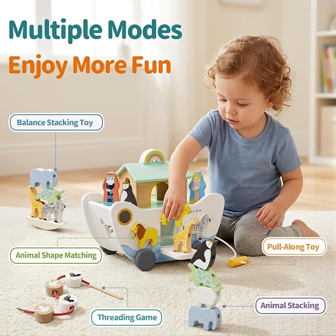 HASHMUST Wooden Noah's Ark Toy for 1 Year Old Baby Boy and Girl Gift - Pull Along Toddler Montessori Toy with Animal Shape Sorter Stacker for 1-3 Christmas Birthday Preschool Baptism Gift