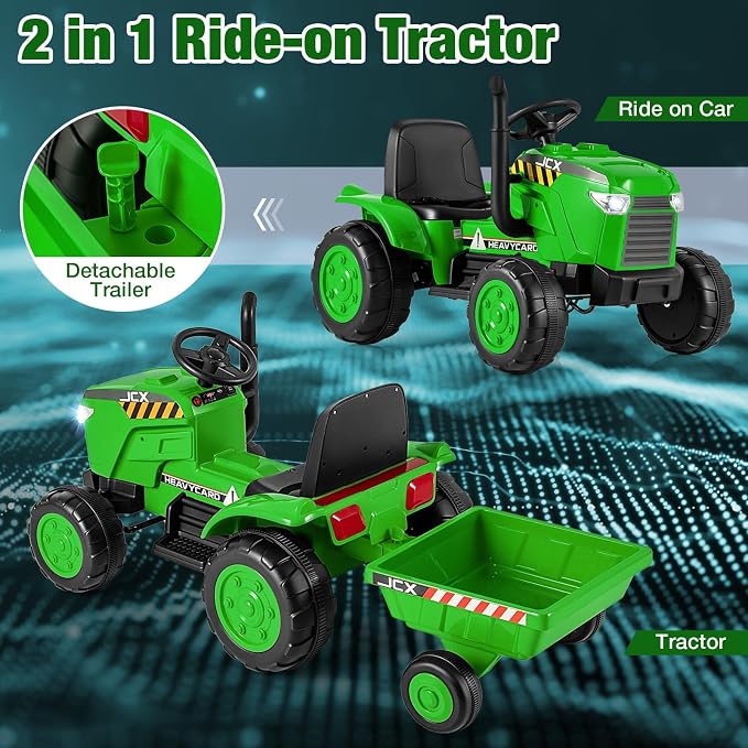 Costzon 2-in-1 Ride on Tractor, 12V Kids Ride on Car w/Detachable Trailer, Remote Control, Wireless Connection, Horn, Music/Lights/Spring Suspensions, Tractor Toys for Kids (Plastic Tires, Green)