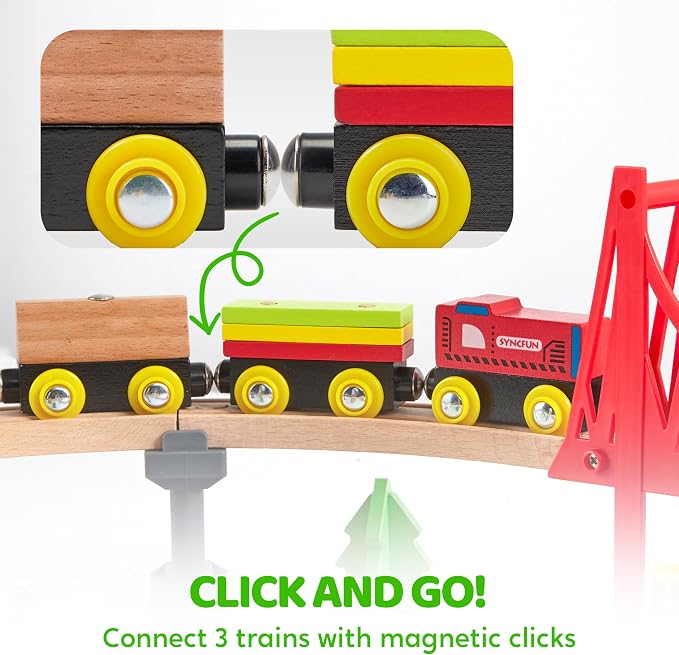 60PCS Wooden Train Set - Toy Magnetic Trains with Wooden Track Set for Kids Ages 3-8, Construction Crane Railway Set, Perfect Easter Birthday Gift for Grandkids Toddlers Boys Girls