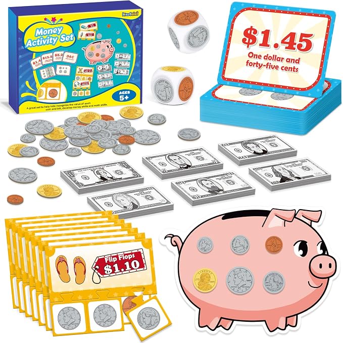 Kasfalci 140 PCS Money for Kids for Learning, Math Manipulatives, Learning & Education Toys for Classroom, Pretend Play, Math Games for Toddler, Teacher and Homeschool Supplies