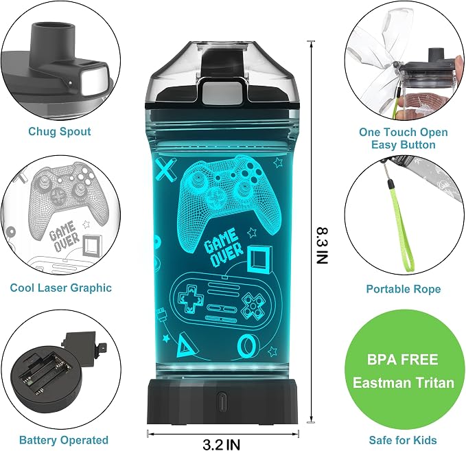 Lightzz Gamer Water Bottle, Fortnite Stuff Toy with 3D Glowing Light, Fortnite Gifts Back to School for Boys Gamers, Minecraft Cup for Holiday Camping Picnic, 14 Oz And Tritan BPA Free