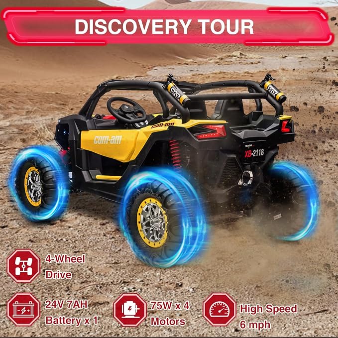 24V 2-Seater UTV Ride on Toy with Remote Control – Powerful 4WD Electric Vehicle Features 4 Shock Absorbers, Leather Seats, Music, and Lights. Designed As a 24V Ride-on Toy for Big Kids