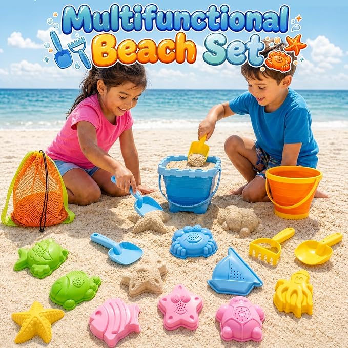 Beach Sand Toys Set for Toddlers, Portable Travel Beach Toys with Collapsible Bucket, Shovel, Rake, Molds & Mesh Storage Bag for Kids, Summer Gift (Tangerine + Ocean Blue)