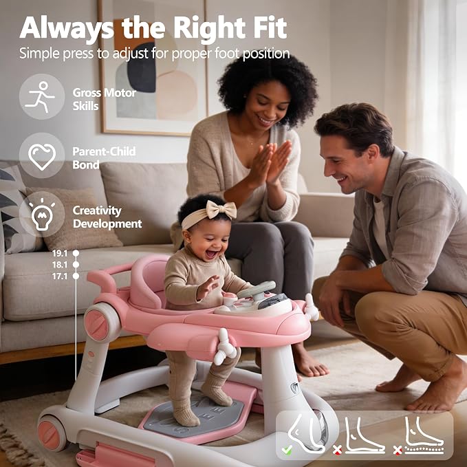 Kinder King 8-in-1 Baby Walker with Music & Lights, 3 Level Adjustable Height, Foldable Toddler Walker with Speed Adjustable Wheels, Easy to Clean, Baby Walkers for Boys & Girls 6-18 Months