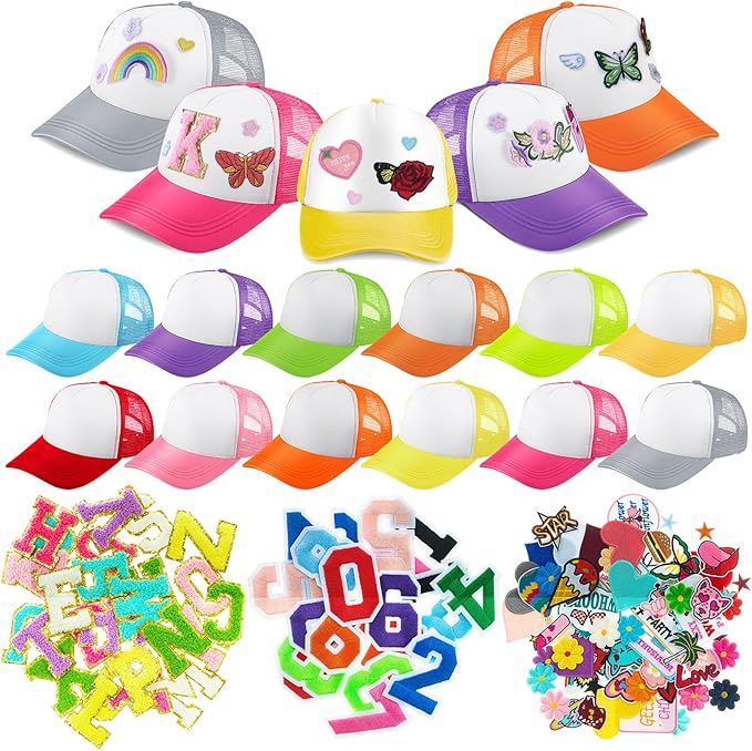 Hercicy 12 Pack DIY Trucker Hats Kit, Sublimation Blank Baseball Caps with 120 pcs Embroidered Patches DIY Craft for Party (Classic,Colorful)