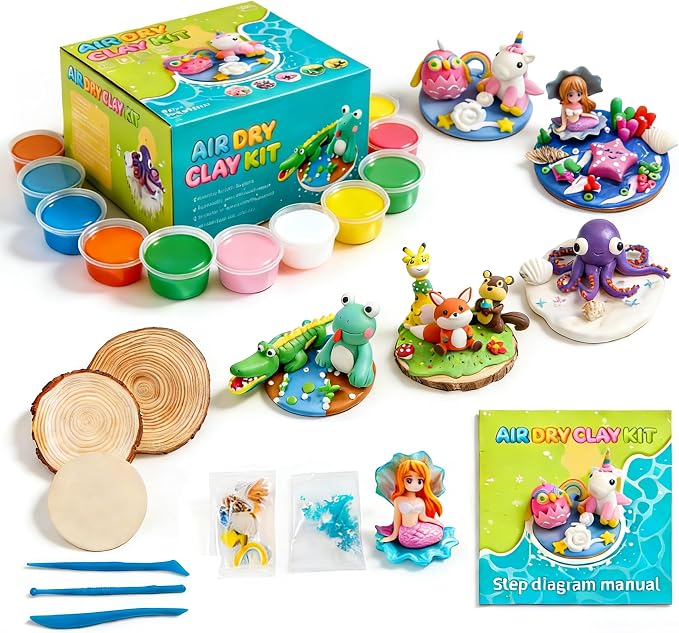 Air Dry Clay Kits for Kids,Animal & Ocean Theme,Modeling Clay for Kids, DIY Model Magic Clay with Sculpting Tools and Tutorials,20 Boxes Molding Clay,Ultra Light,Soft & Non-Sticky,Arts and Crafts Gift
