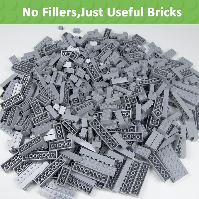 Cabeeskii Classic Building Blocks Bulk with 2 Base Plates, Building Bricks in 7 Size and 8 Color, Compatible with All Major Bricks, for Kids & MOC Lovers (Gray, 1008PCS)