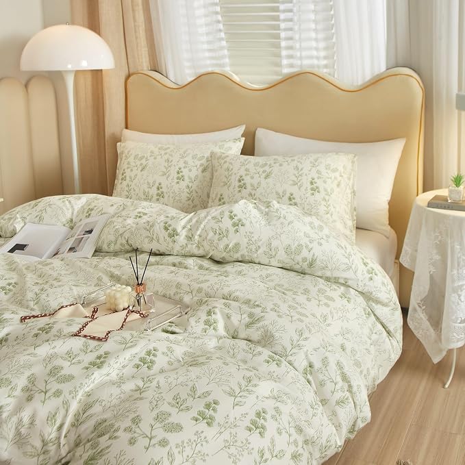 Garden Style Green Floral Comforter Set Full Size White Soft Fluffy Microfiber Comforter Chic Floral Printed Bedding Set Vintage Flowers Leaves Botanical Comforter Set All Seasons Full Comforter Set
