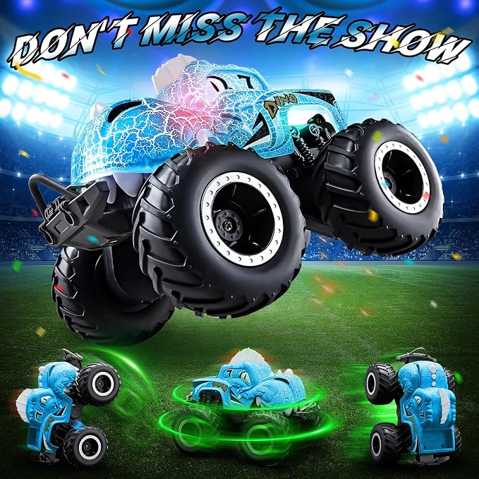 Amphibious Remote Control Car, 1:20 Waterproof Dinosaur Monster Trucks for Boys Age 4-7, 2.4GHz All Terrain RC Cars with 2 Batteries, 360° Rotating Stunt RC Car Toy Birthday Gift for Kids 3-5