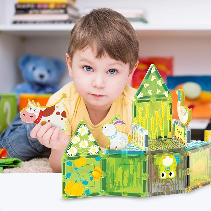 PicassoTiles Magnetic Tiles Magnet Tile Building Blocks Printed Fall Farm Themed Animal Toy Set with 8 Farmyard Animals Character Action Figures STEM Learning Playset for Kids, Ages 3+ PTQ27