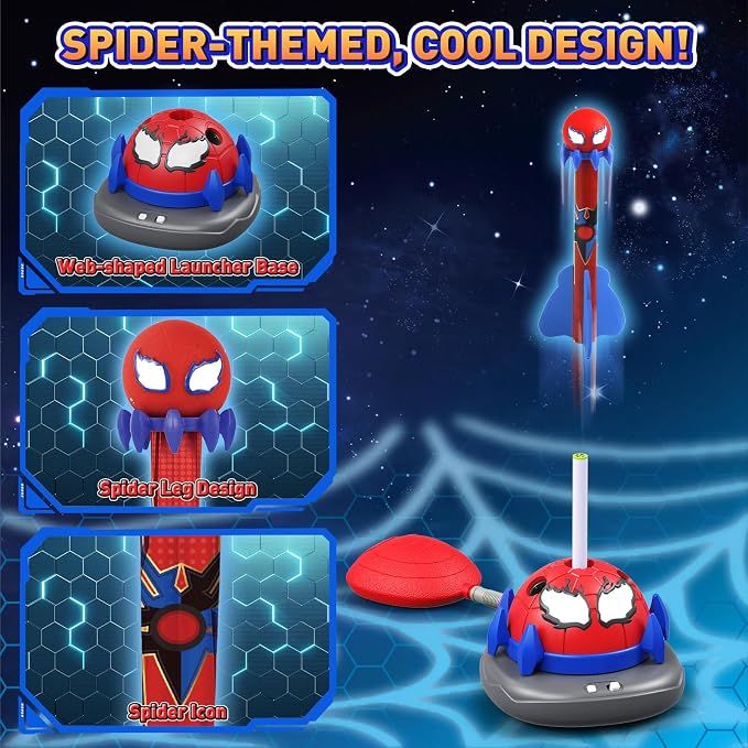 Spider 3-in-1 Rocket Launcher for Kids: 4 Cool Spider Rockets, Ring Toss Game, Musical Jump Toys with Remote Control, Outside Yard Indoor Outdoor Sports Toys for Boys Girls 3 4 5 6 7 8 9 10 Year Old