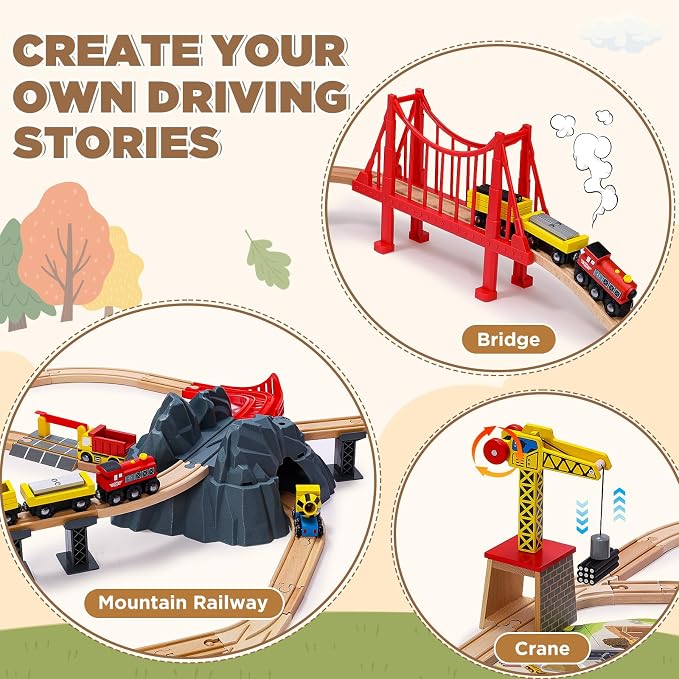 SainSmart Jr. 112PCS Wooden Train Set - Construction Theme Toy Train for Toddler, Train Tracks Compatible with All Major Brands, Ideal Railway Playset for Boys and Girls Idea
