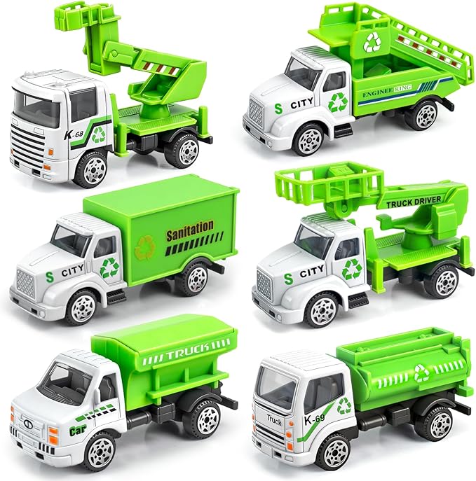 6 Pack Diecast Garbage Truck Toys, Mini Alloy Trash Truck Kids Play Vehicles Set Cars Toys for Toddlers Boys Ages 3 4 5 6 7 Years Old Birthday Gift & Party Favors &Goodie Bag Stuffers