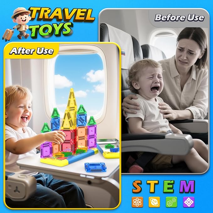 Soyee Mini Magnetic Tiles Travel Toddler Toys with Metal Tin Portable STEM Building Kids Toys for 3 4 5 6 7 8+ Years Old Boys & Girls & Birthday Gifts