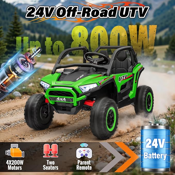 24V Ride on Car, 2 Seater XL 4X4 Off-Road UTV w/RMP2000W Powerful Motors, Remote Control, Bluetooth Music, LED Lights, 24 Volt Ride on Toys for Big Kids, Green