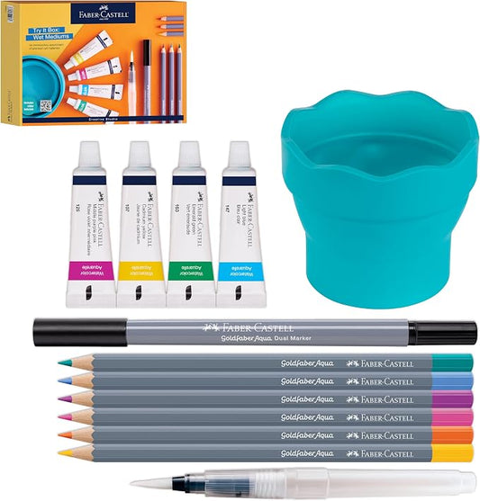 Faber-Castell Try It Box: Wet Mediums, 13 Piece Watercolor Art Set including Watercolor Pencils & Paint, Water Brush Pen and Paint Water Cup