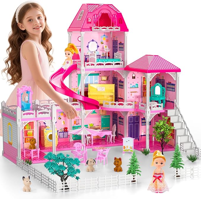 3-Level DIY Dollhouses for Girls with 7 Themed Rooms, 2 Dolls & 4 Dogs - Dolls House Toys with Slide, Furniture & Accessories for 4-8 Years Old