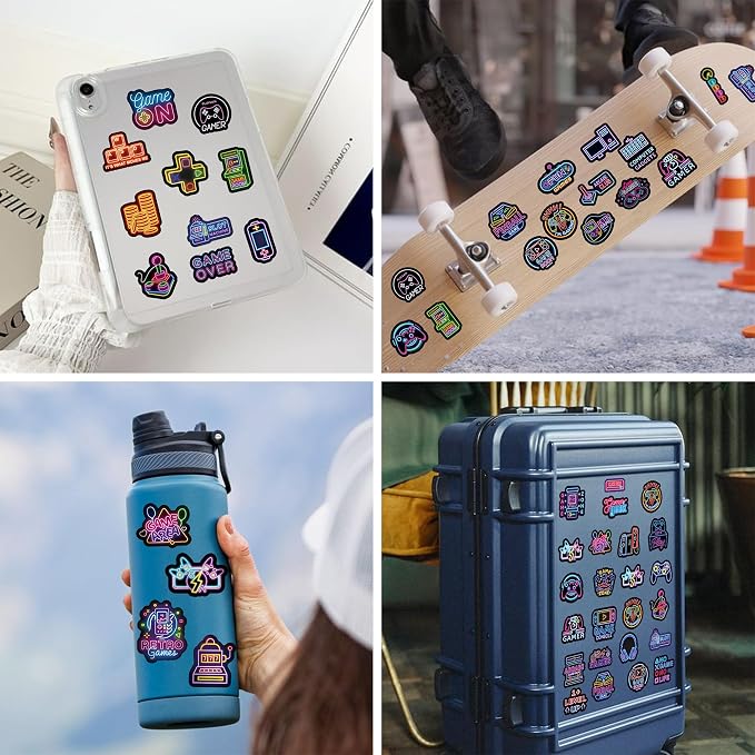 QTL Neon Video Game Stickers for Boys Teens, Game Party Supplies, Waterproof Vinyl Stickers for Water Bottle Laptop, 50 Pcs