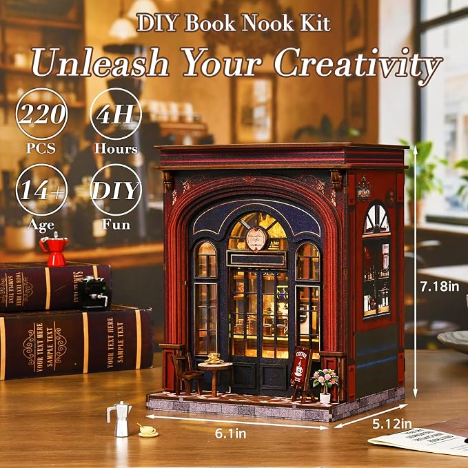 DIY Book Nook Kit, 3D Wooden Puzzle Miniature House with LED Light, Dollhouse Bookshelf Insert, Tiny House Model Building Kit, Unique Creative Gift for Adults and Teens (Warmglow Coffee)