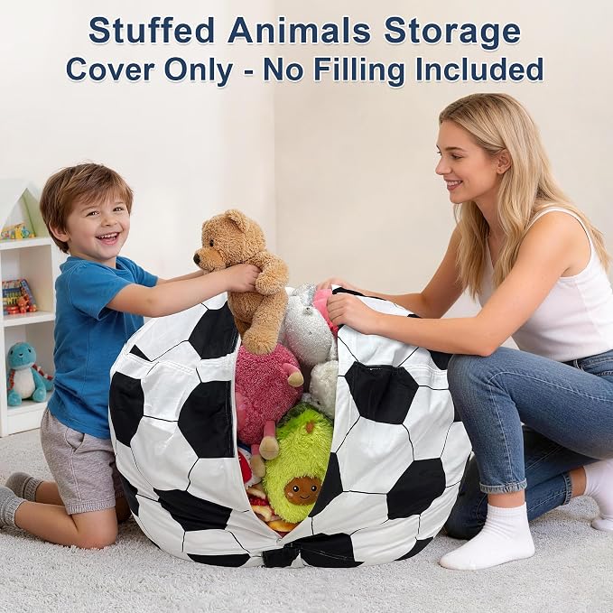 Lukeight Soccer Stuffed Animals Storage Bean Bag Chair Cover for Kids, Cozy Velvet Plush Toy Organizer Seat, Cover Only, No Filling Included, Long YKK Zipper, Side Pocket, X-Large 30 x 18 in