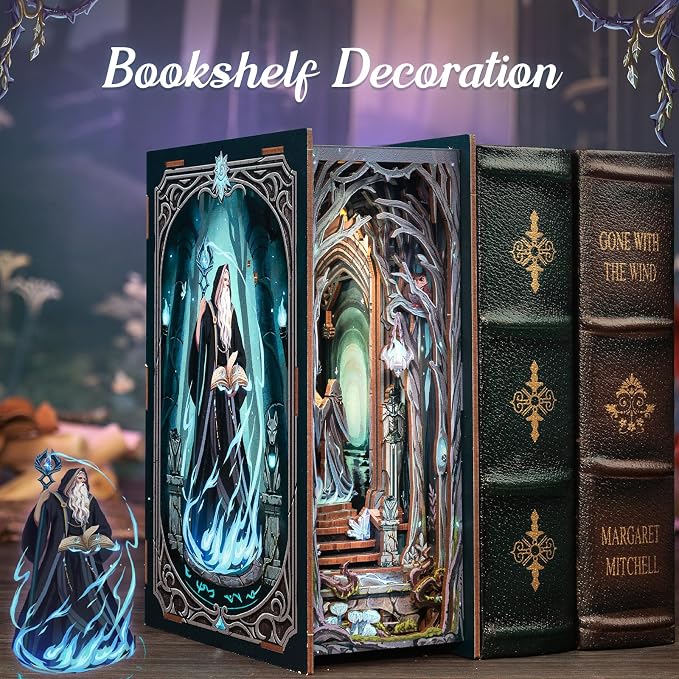 Cutefun Book Nook Kit - DIY Miniature House Kit for Adults and Teens, DIY Dollhouse Bookshelf Insert with LED Light, Gifts for Family and Friends (The Gate of Wonderland)