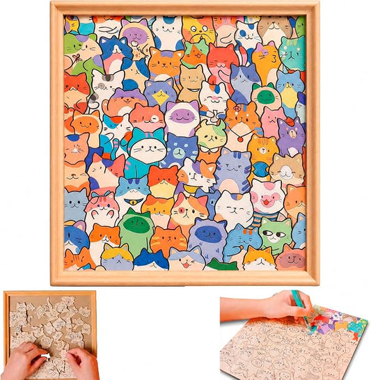 Wooden Cat Coloring Puzzle, 75-Piece DIY Kitties Jigsaw Craft with Frame and 12 Color Pens, Paintable Wood Board for Adults, Kids, Cat Lovers, Family Activity, Home Decor (Kitty)