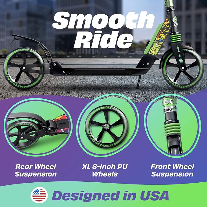 Skidee Adult & Teen Scooter Adjustable Height, Folding, Large Wheels, Lightweight, Durable, Anti-Shock Suspension, Up to 220 lbs