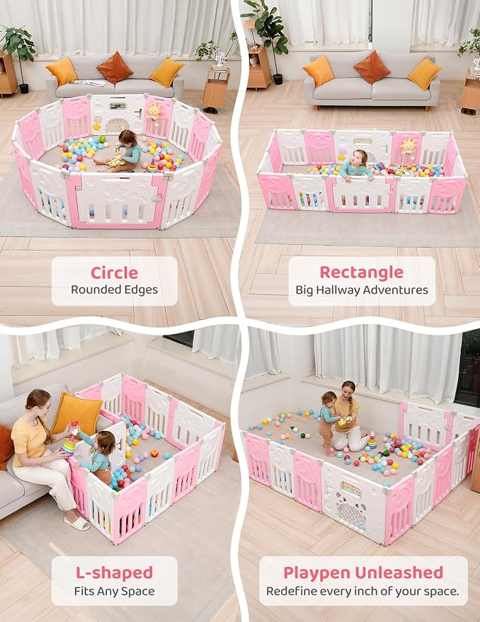 Dripex Baby Playpen, 18-Panel Foldable Playard for Toddlers 6-36 Months, Adjustable & Portable Indoor Outdoor Safety Play Area with Anti-Pinch Design, Game Panel and Safety Gate, Pink White