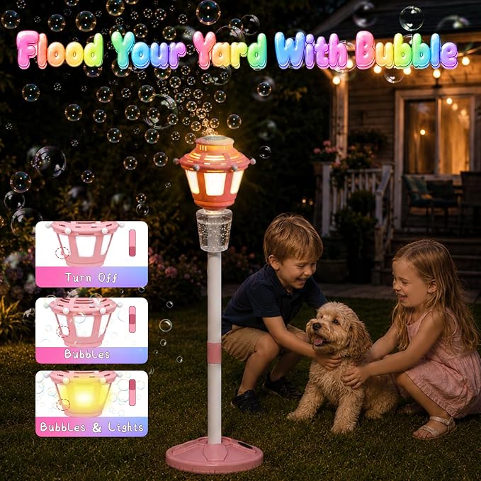 Bubble Machine for Kids Outdoor, 40" Adjustable Height Automatic Bubble Blower with Light & Rechargeable Battery, Bubble Maker Toy for Toddlers Party Birthday (Includes 3 Solution), Pink