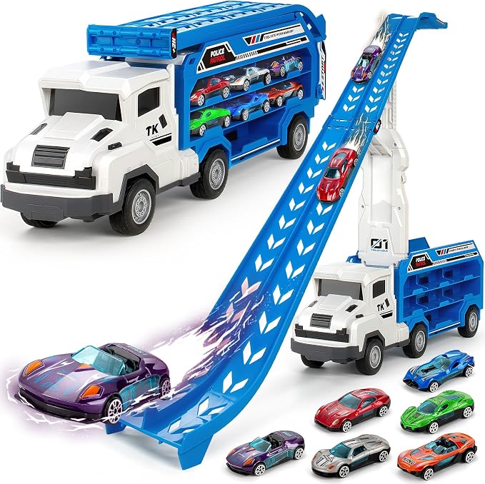 Kids Toys for 3 4 5 6 7 8 Years Old Boys, Carrier Truck Transport Car Toys, Foldable 2 Layer Car Race Track Playset with 25-in Race Track, 6 Metal Toy Cars, Birthday Toy Gift for Toddler-Blue