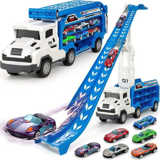 BainGesk Truck Car Toys for 3, 4, 5, 6 Years Old Boys Girls, 25 in Race Track Truck Toys, Foldable 2 Layer Carrier Transport Car with 6 Metal Cars, Birthday Toys Gifts for Toddler