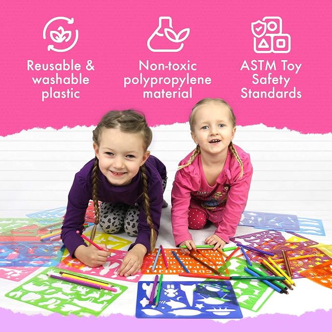 Mimtom Drawing Stencil Kit for Kids, 51 PC Art Set with 270+ Shapes, Sketch Pad, and Colored Pencils for Child's DIY Arts and Crafts, Draw with Princess, Fairies and Animal Stencils, Pink