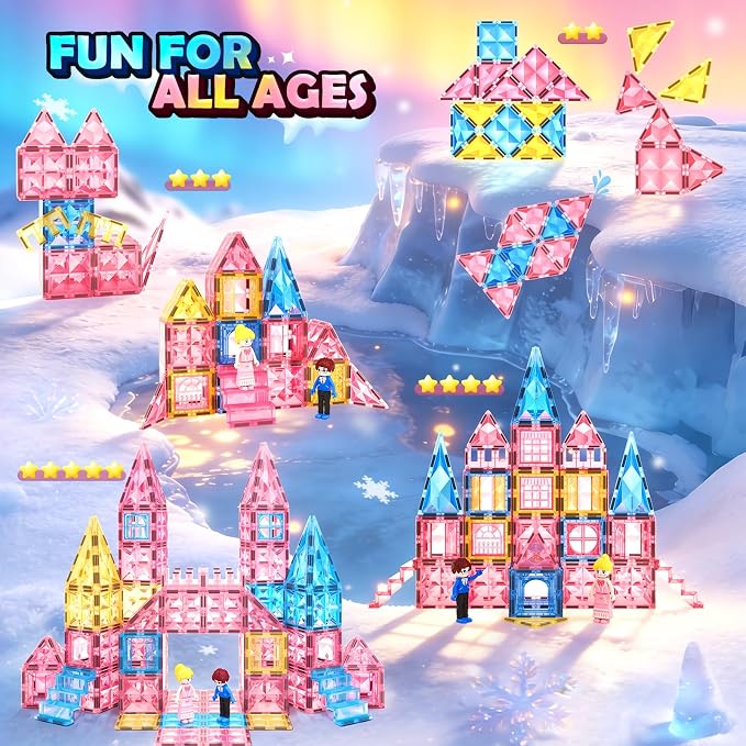 Magnetic Tiles 102pcs with 2 Stairs 2 Dolls Princess Castle Magnetic Building Blocks 3 4 5 6 7 8 9 10 Year Old Girl Birthday Gifts Toys for Girls 3-5 4-6 7-8 8-10 10-12