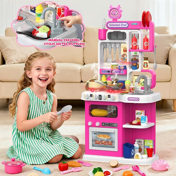 Kids Kitchen Playset, 36.22'' Play Kitchen for Toddlers 3-5 with Steam, Sound & Light, Cooking Stove, Play Sink, Oven and Toy Kitchen Accessories, Kitchen Set for Toddlers Girls 3 4 5 (Pink)
